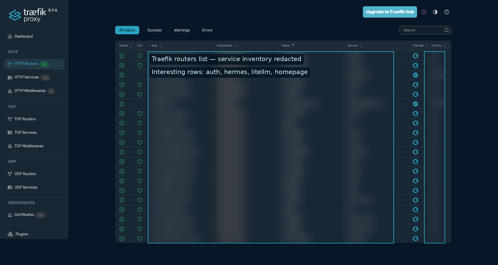 Traefik dashboard showing the router table. The broad service inventory is redacted; the interesting rows were auth, Hermes, LiteLLM, and the broken homepage route.