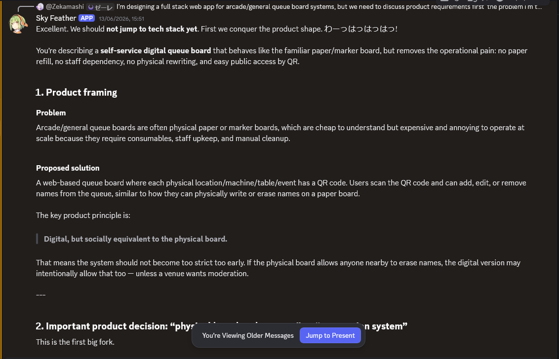 Discord planning screenshot: the earliest product framing says not to jump to tech stack yet and defines the goal as a digital queue board that preserves paper-board social behavior.