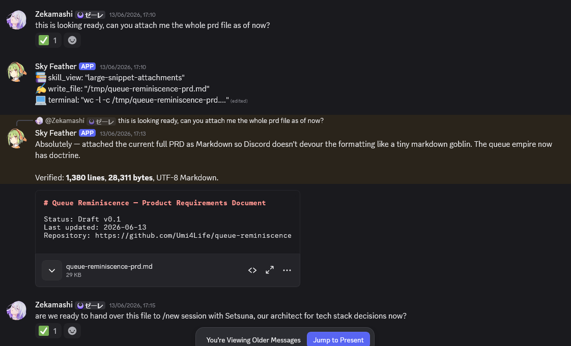 Discord screenshot: full Queue Reminiscence PRD attached as Markdown, verified as 1,380 lines and 28,311 bytes.