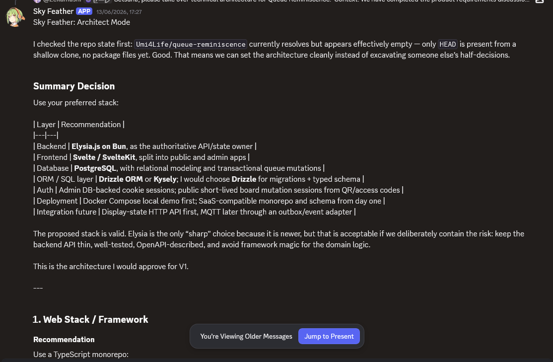 Discord screenshot: approved technical architecture table for Queue Reminiscence.