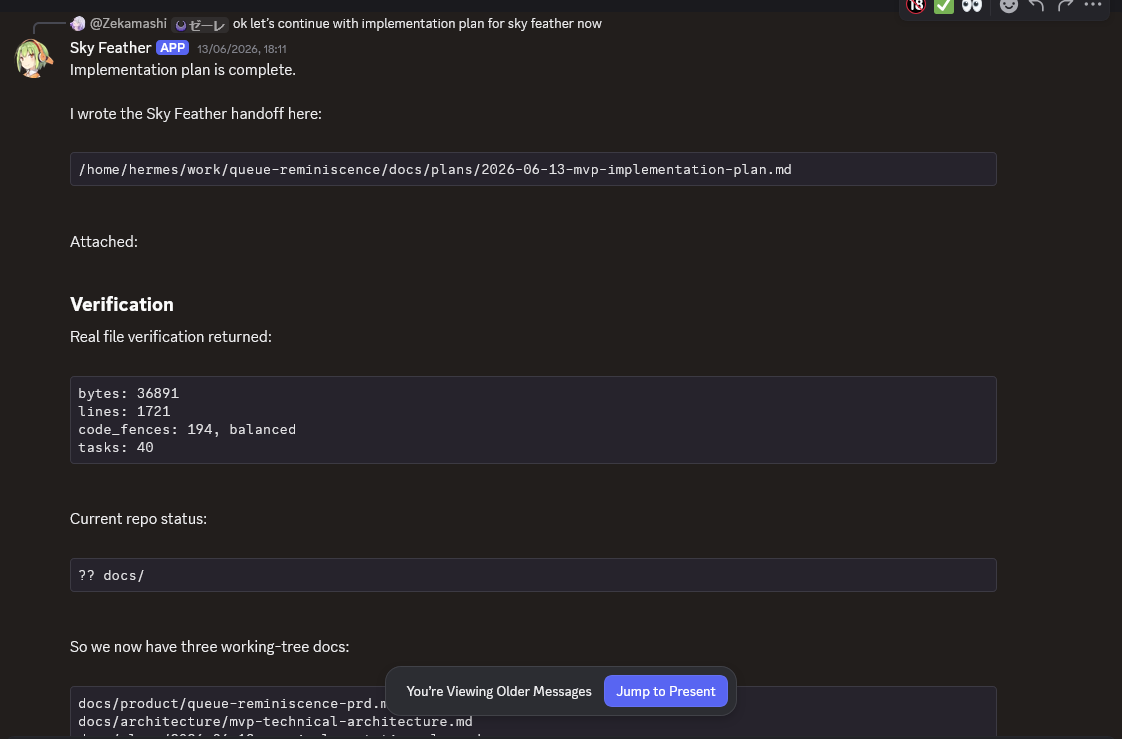 Discord screenshot: implementation plan completed for Queue Reminiscence.