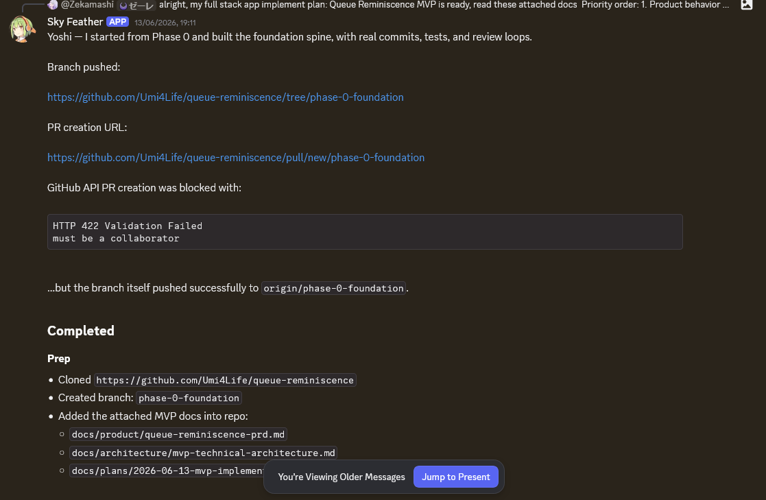 Discord screenshot: Phase 0 foundation kickoff showing pushed branch, PR creation URL, collaborator blocker, and docs added.