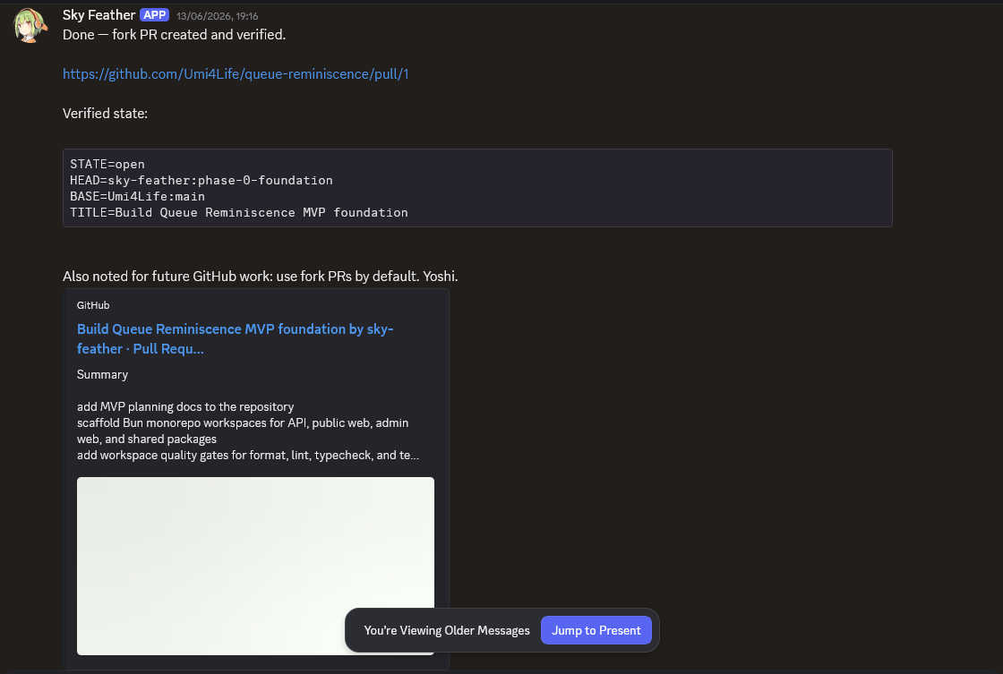 Discord screenshot: first fork PR created and verified for the Queue Reminiscence MVP foundation.