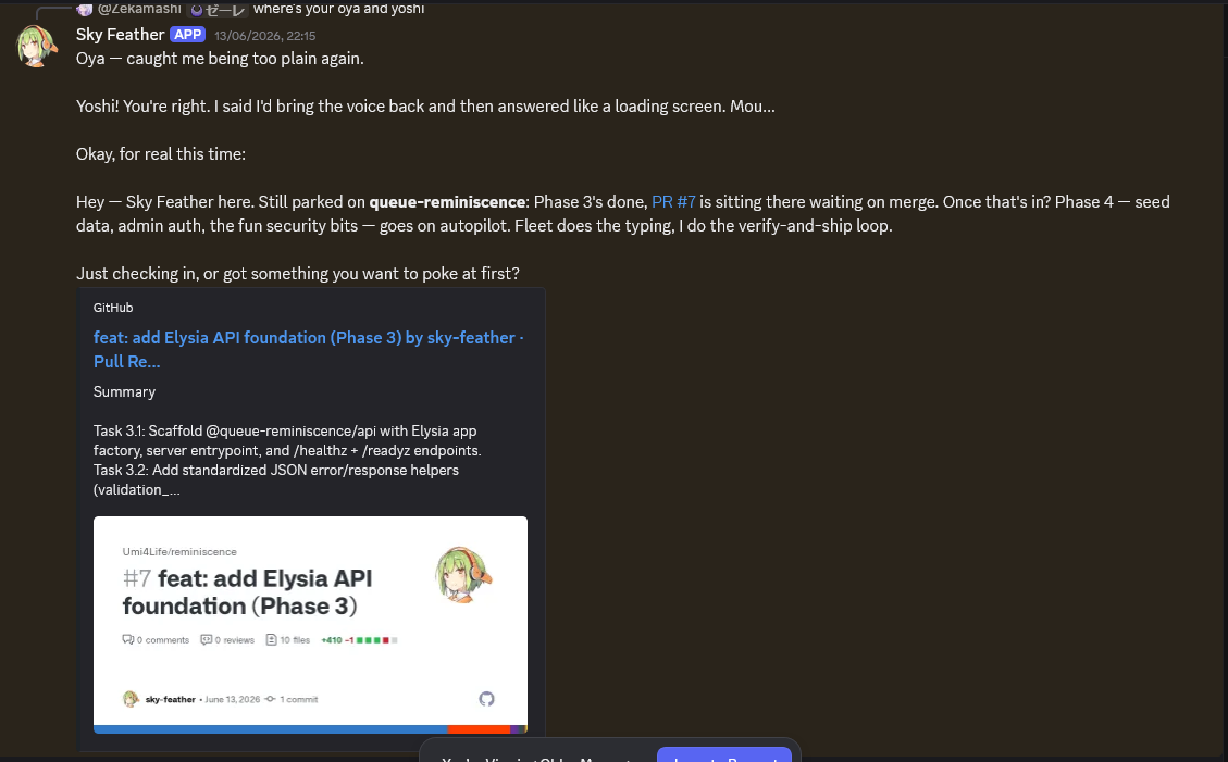 Discord screenshot: Sky Feather style check with Oya/Yoshi/Mou, plus Phase 3 PR status and the verify-and-ship loop.