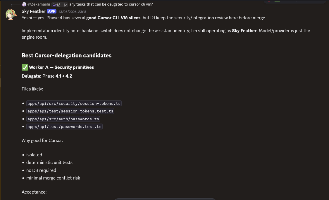 Discord screenshot: asking which Phase 4 tasks can be delegated to Cursor CLI VMs, with Sky Feather keeping security/integration review in the controller lane.
