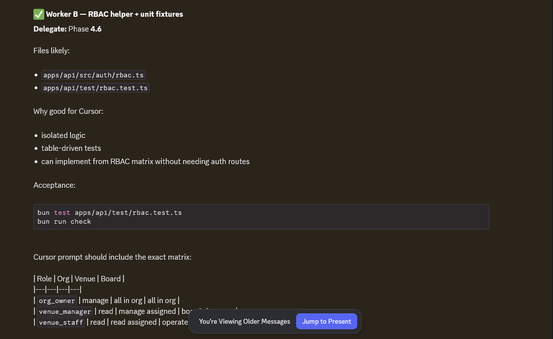 Delegation screenshot: Worker B assigned RBAC helper and unit fixtures with likely files and acceptance criteria.