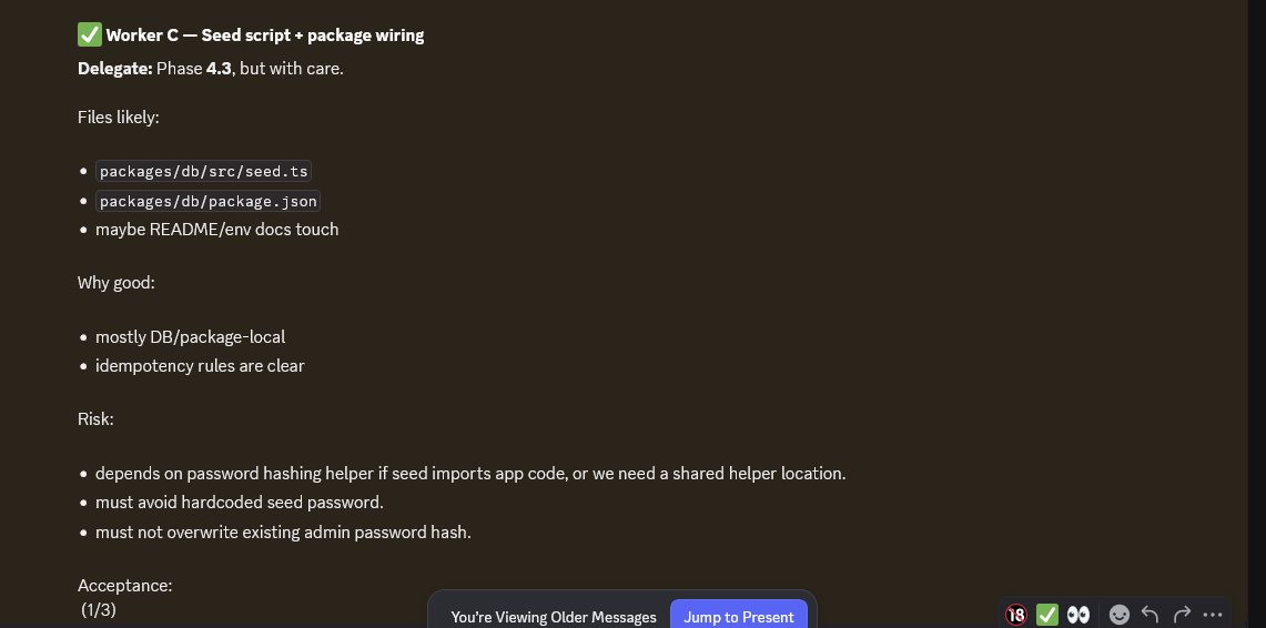 Delegation screenshot: Worker C assigned seed script and package wiring, including file targets and credential-safety risks.
