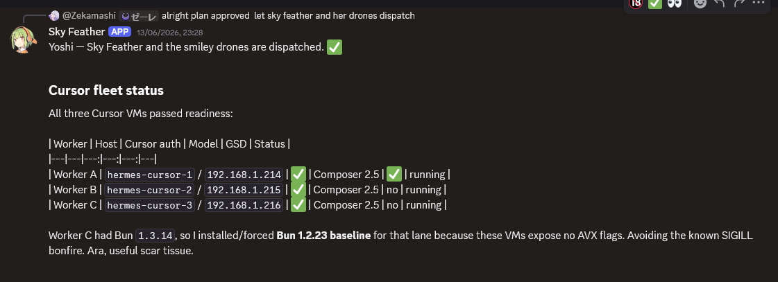Discord screenshot: Cursor fleet dispatched, showing Worker A/B/C, hosts 192.168.1.214-216, Composer 2.5, running status, and the Bun/AVX/SIGILL note.