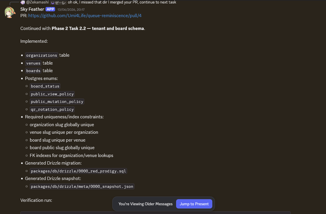 Discord screenshot: implementation status for Phase 2 tenant and board schema, including Drizzle migration and schema constraints.