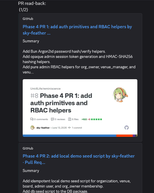 Discord screenshot: PR read-back card for Phase 4 auth primitives and RBAC helpers by sky-feather.