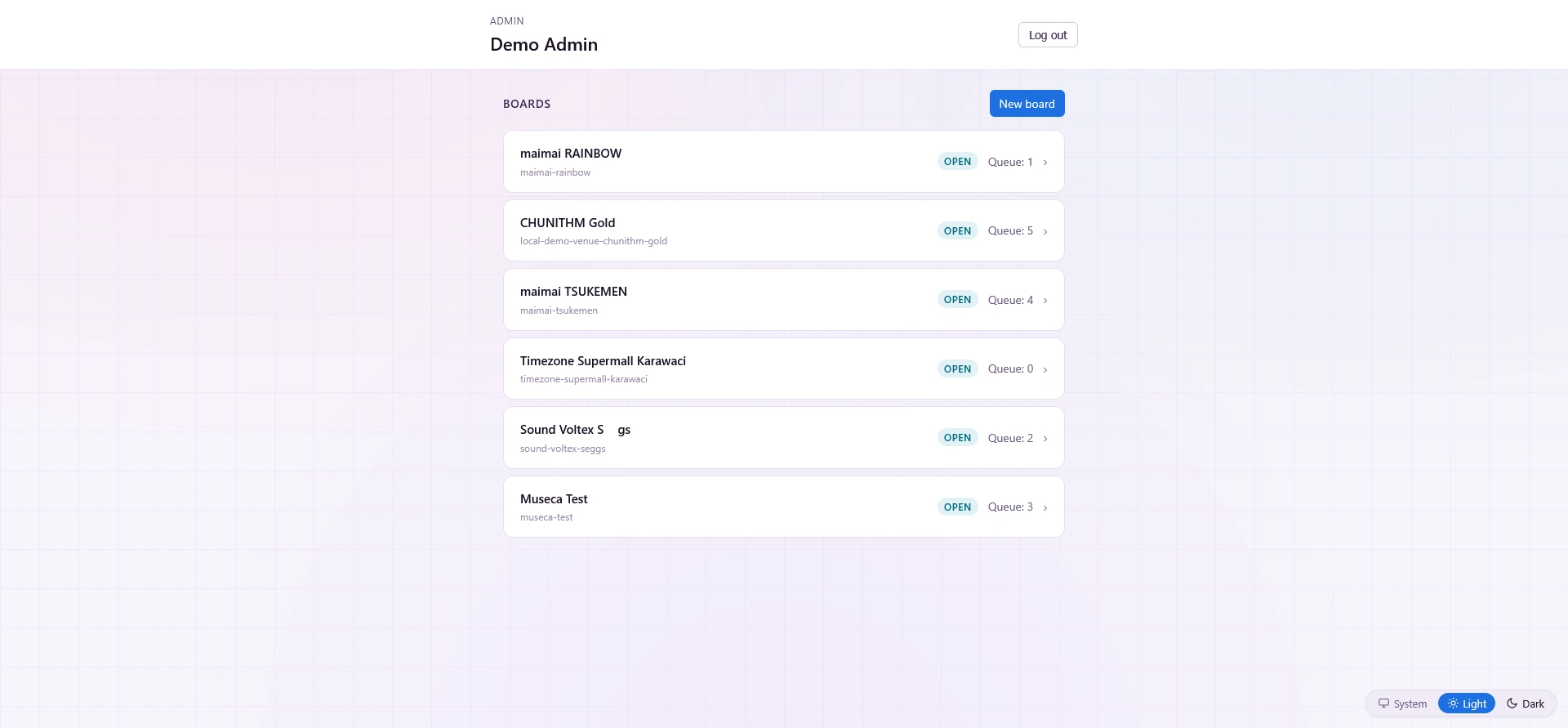 Final product screenshot: Queue Reminiscence admin UI with the Demo Admin board list, open status badges, queue counts, New board button, theme toggle, and one inappropriate demo label redacted.
