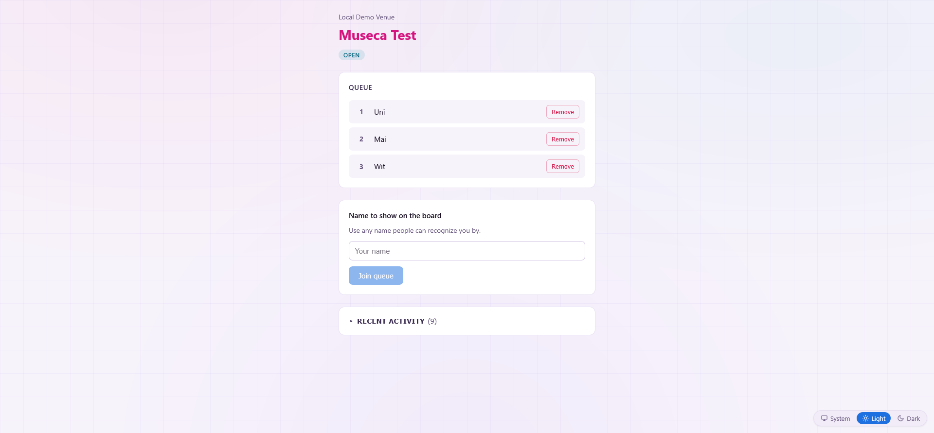 Final product screenshot: public Queue Reminiscence board for Museca Test, showing a numbered queue, remove controls, name input, Join queue button, recent activity, and theme toggle.