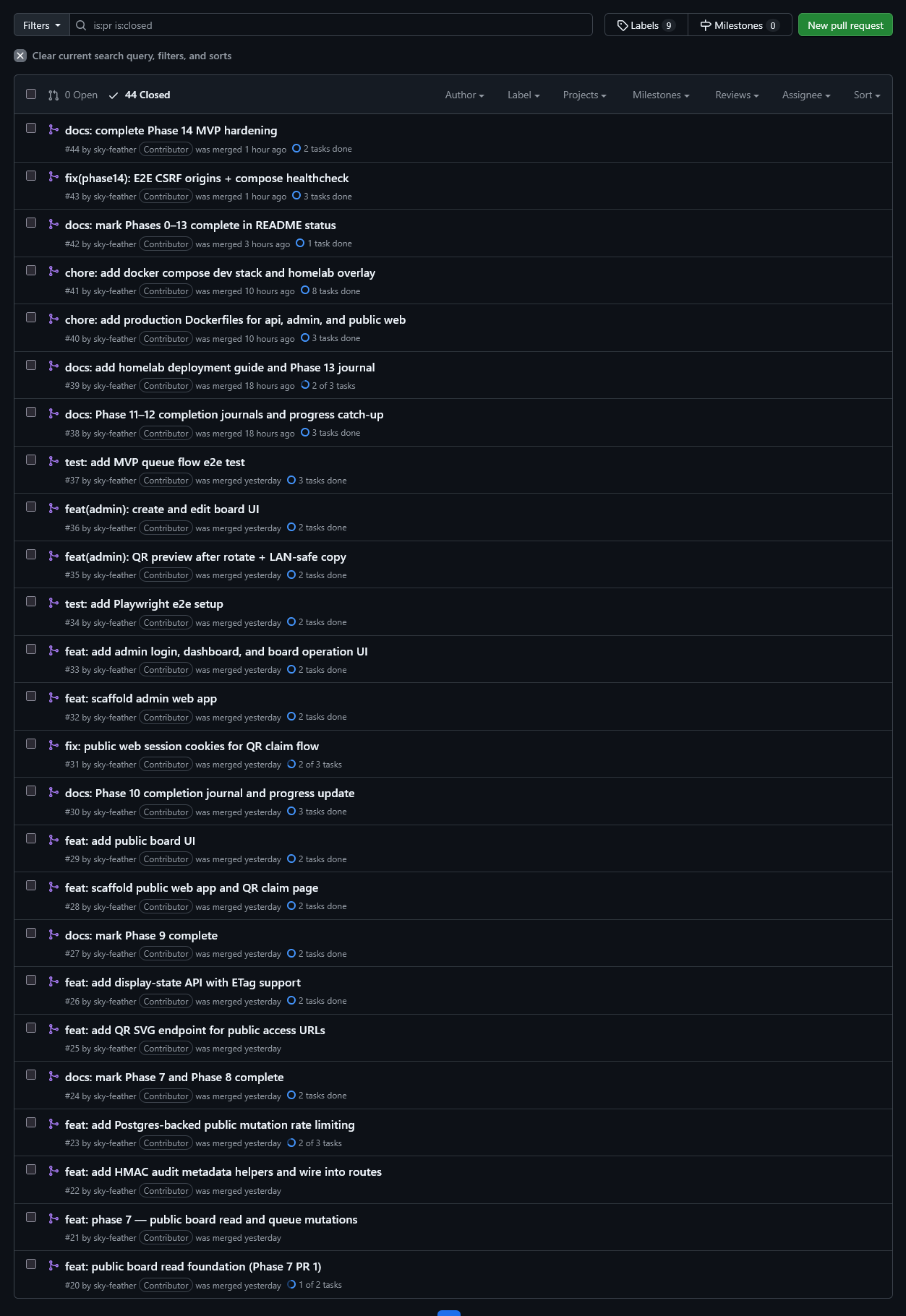 GitHub closed pull request list showing the Queue Reminiscence PR train, including PR #44 through #20, mostly authored by sky-feather.