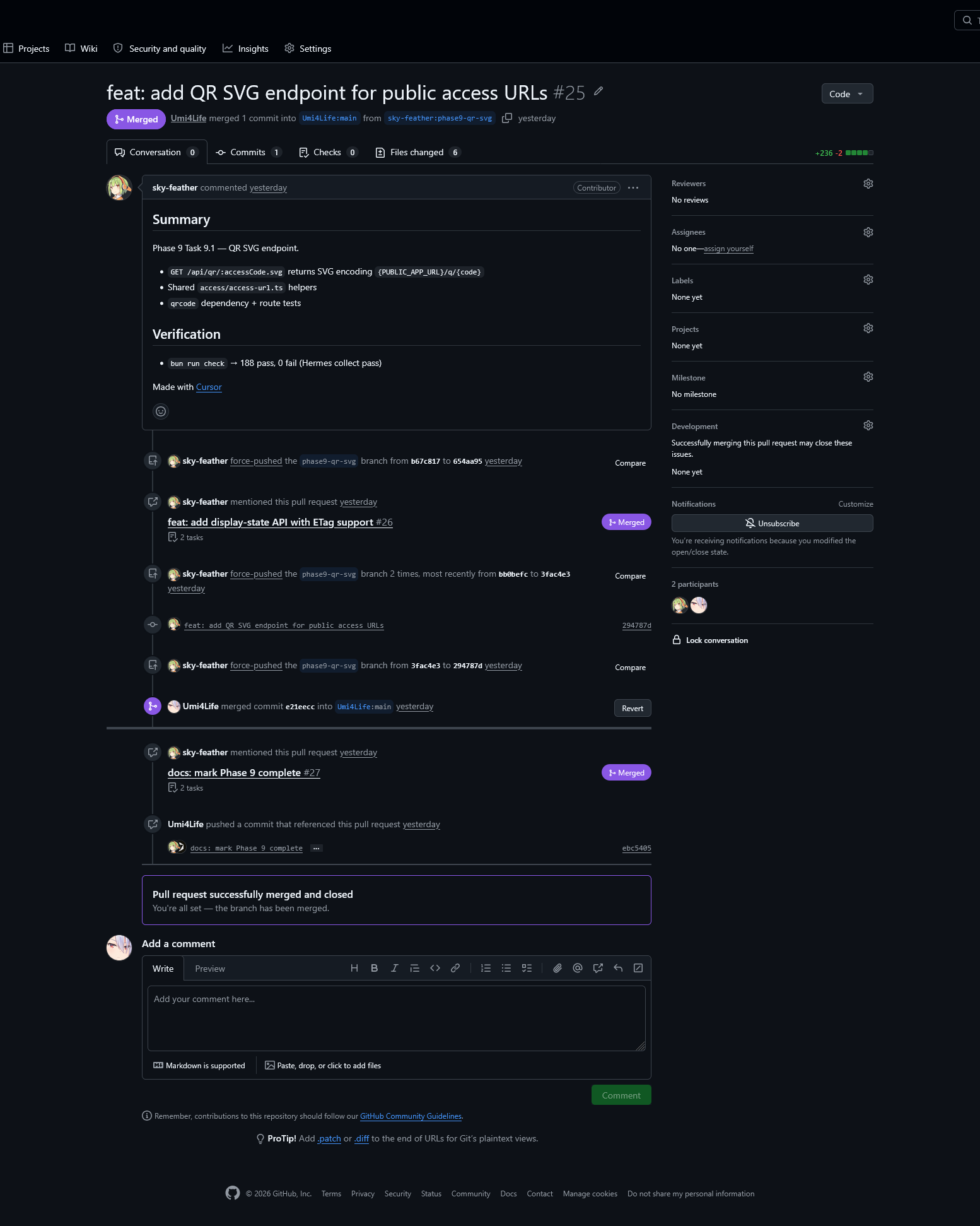 GitHub PR #25 detail page showing the merged QR SVG endpoint PR, summary, verification, and merge activity.