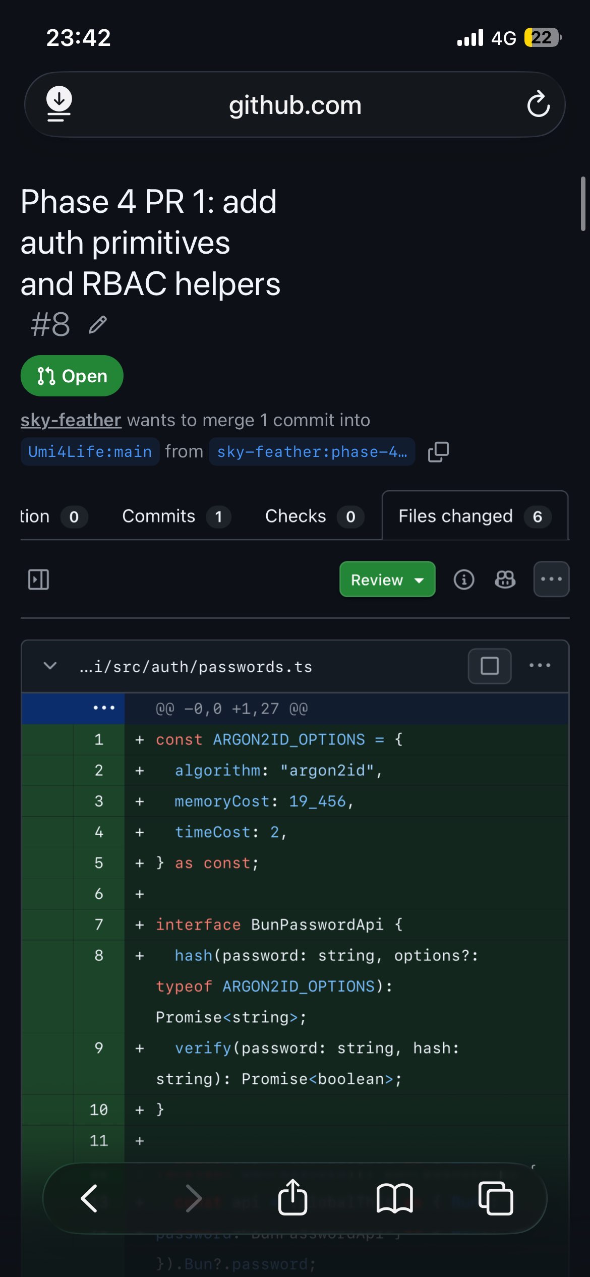 Mobile GitHub screenshot showing the Phase 4 auth/RBAC PR open in the Files changed view, with the Review control visible and a TypeScript diff under inspection.