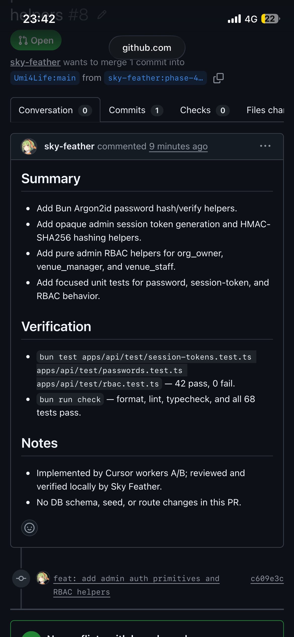 Mobile GitHub screenshot showing the Phase 4 auth/RBAC PR summary, test verification, and note that Cursor workers implemented the slice while Sky Feather reviewed and verified locally.