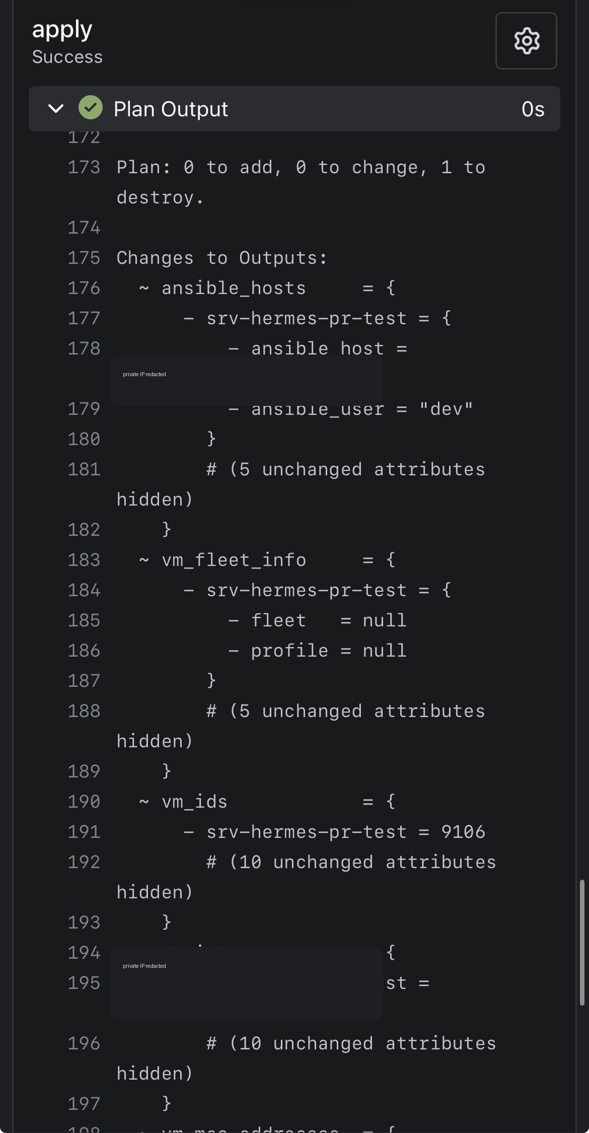 Sanitized Terraform plan output screenshot